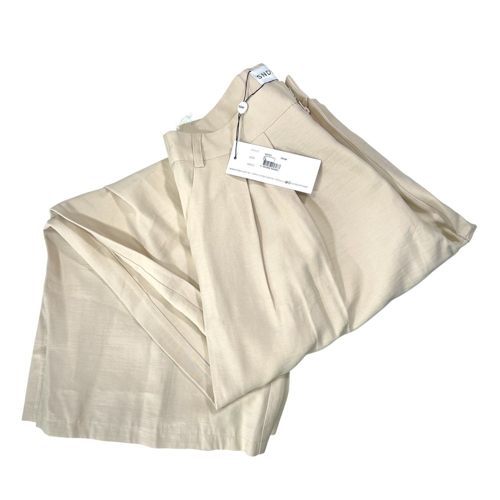 NEW SNDYS 8 Cream Wide Leg Pleated High Waisted Trousers Minimalist Quiet Luxury